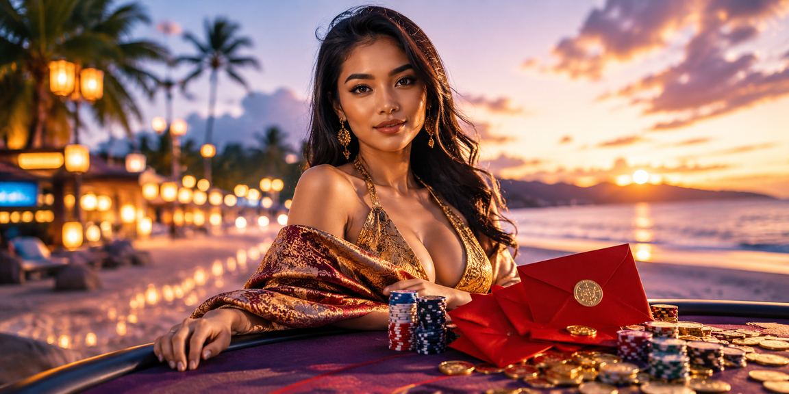 Amplop merah bonus di tepi pantai tropis melambangkan hadiah pembayaran spesial