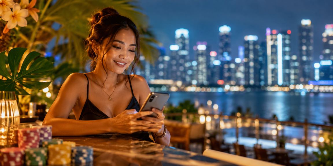 Pengguna memainkan casino mobile di tepi pantai menggunakan smartphone modern
