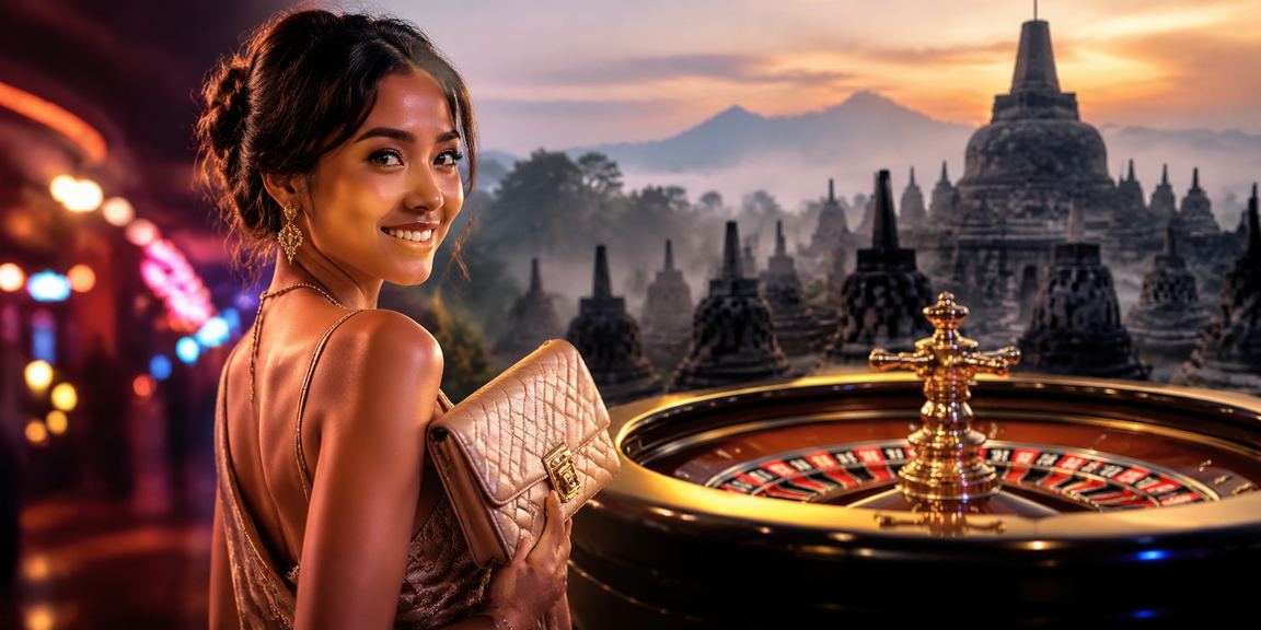 Meja roulette dengan efek cahaya neon berwarna cerah di suasana kasino malam