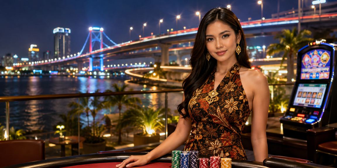 Model memainkan slot game online dengan tampilan mesin yang cerah dan modern