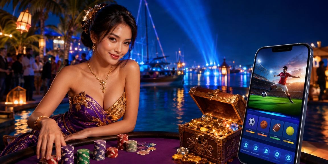 Suasana festival taruhan olahraga yang semarak dengan layar pertandingan langsung