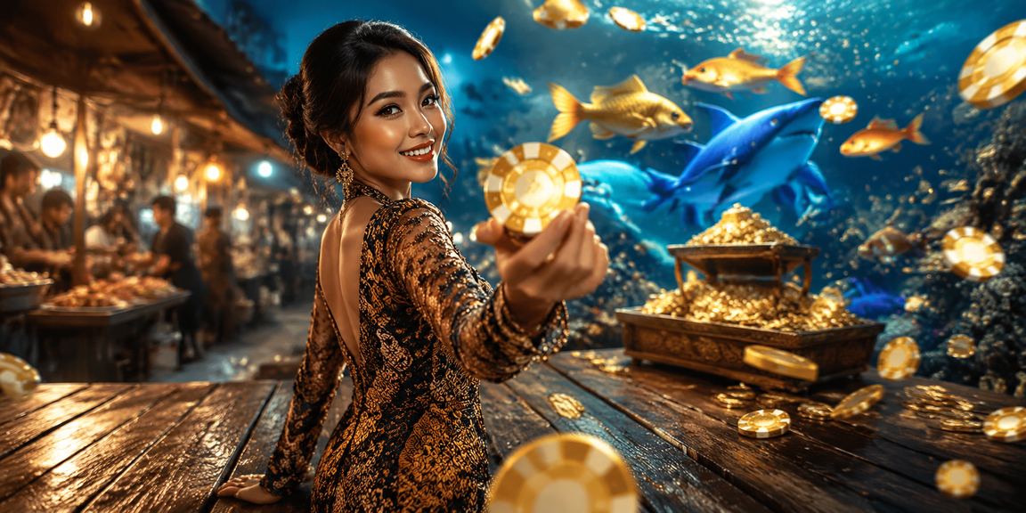 Model perempuan memainkan permainan tembak ikan yang populer di platform taruhan Asia